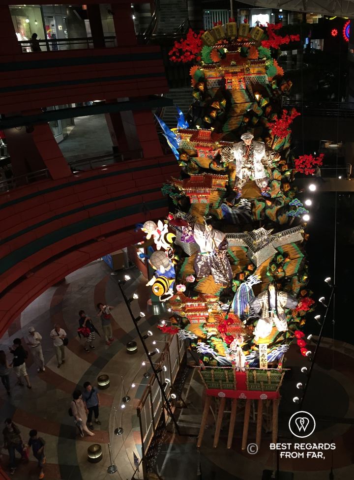 A large float displayed for the Hakata Gion Yamakasa festival at Canal City in Fukuoka, Kyushu.