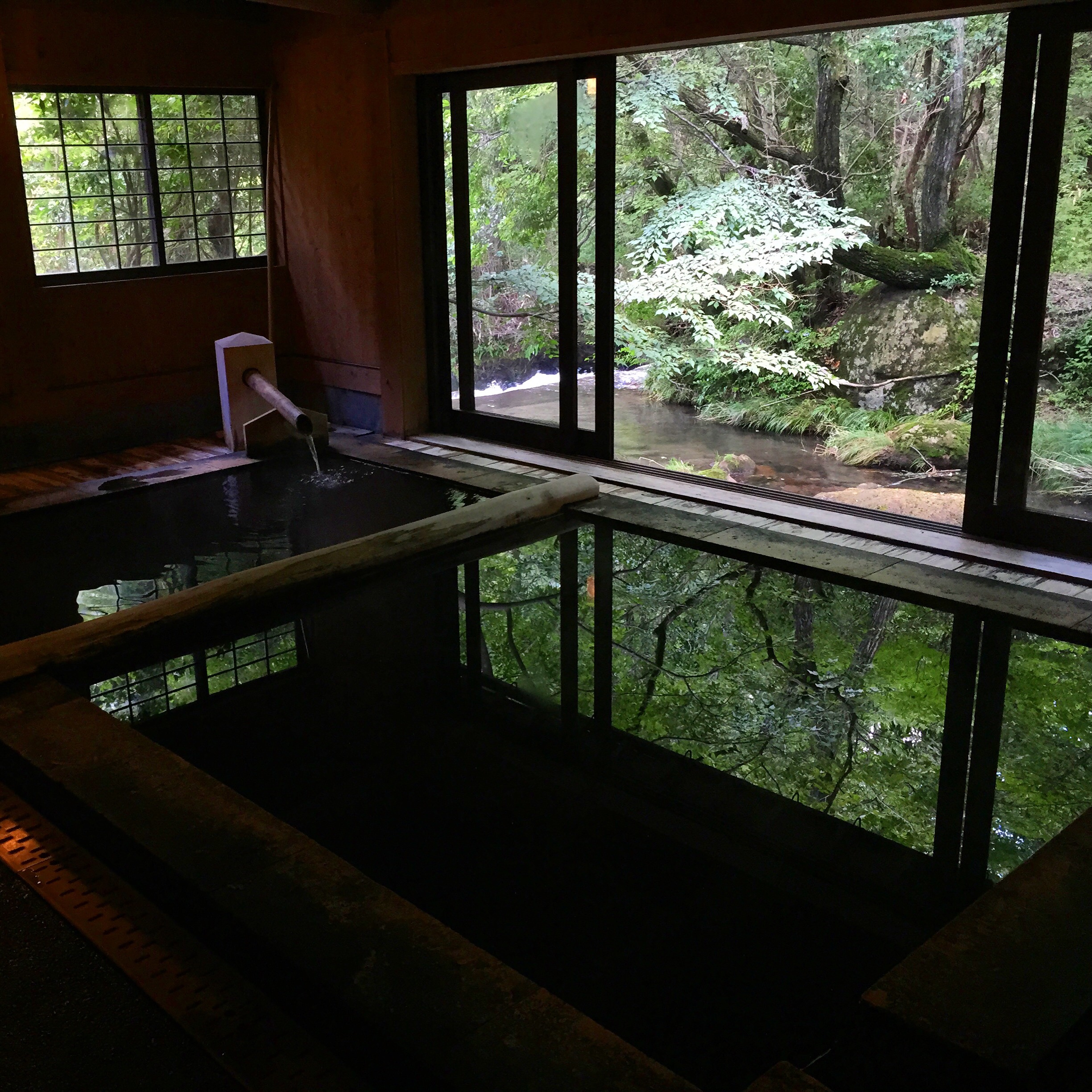 Beautiful view on the forest from the Yamamizuki onsen, Kurokawa, Japan. Experiencing the traditional Japanese spa.