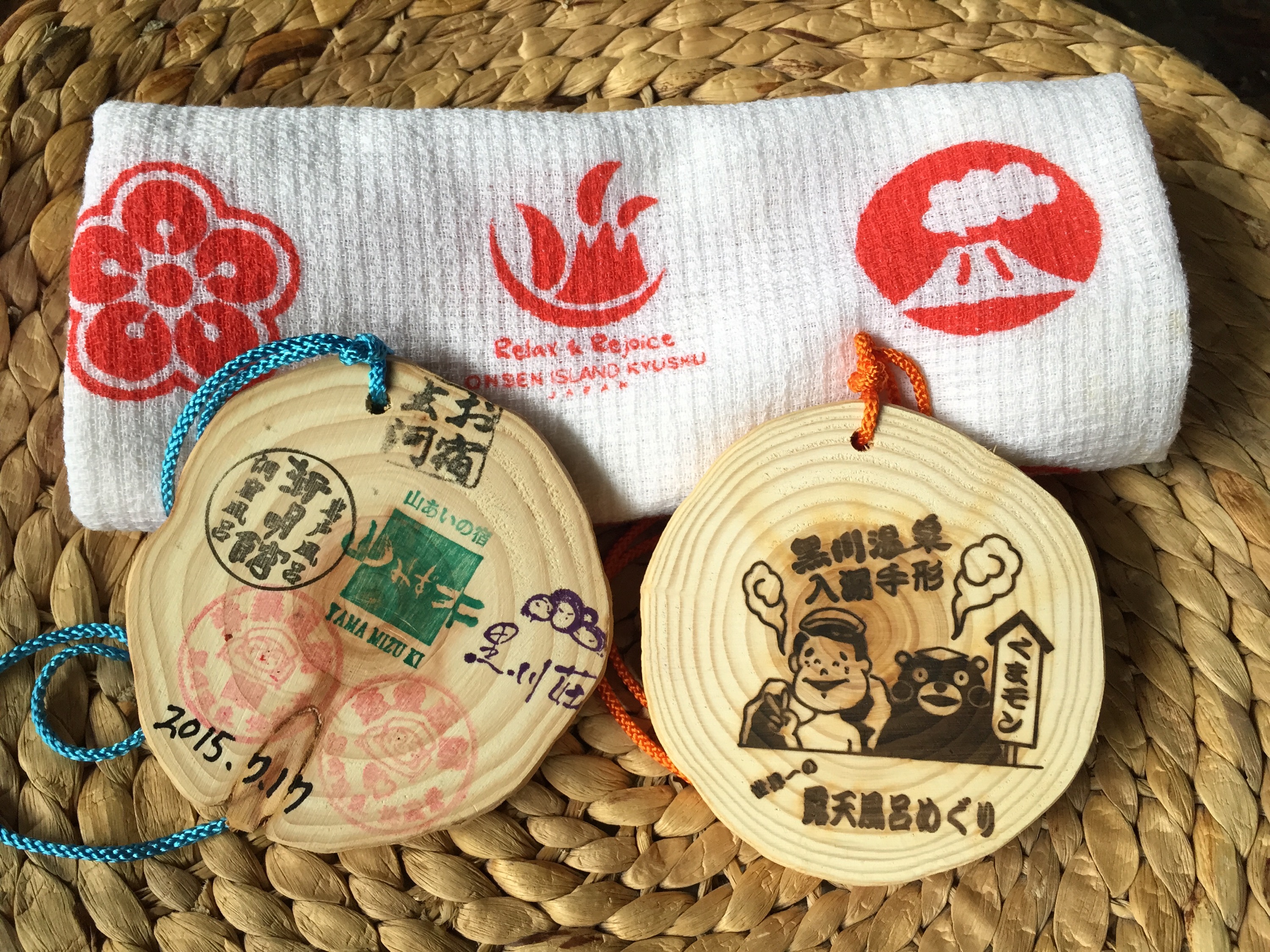 Wooden onsen passes at Kurokawa with onsen towel, Japan. Experiencing the traditional Japanese spa.