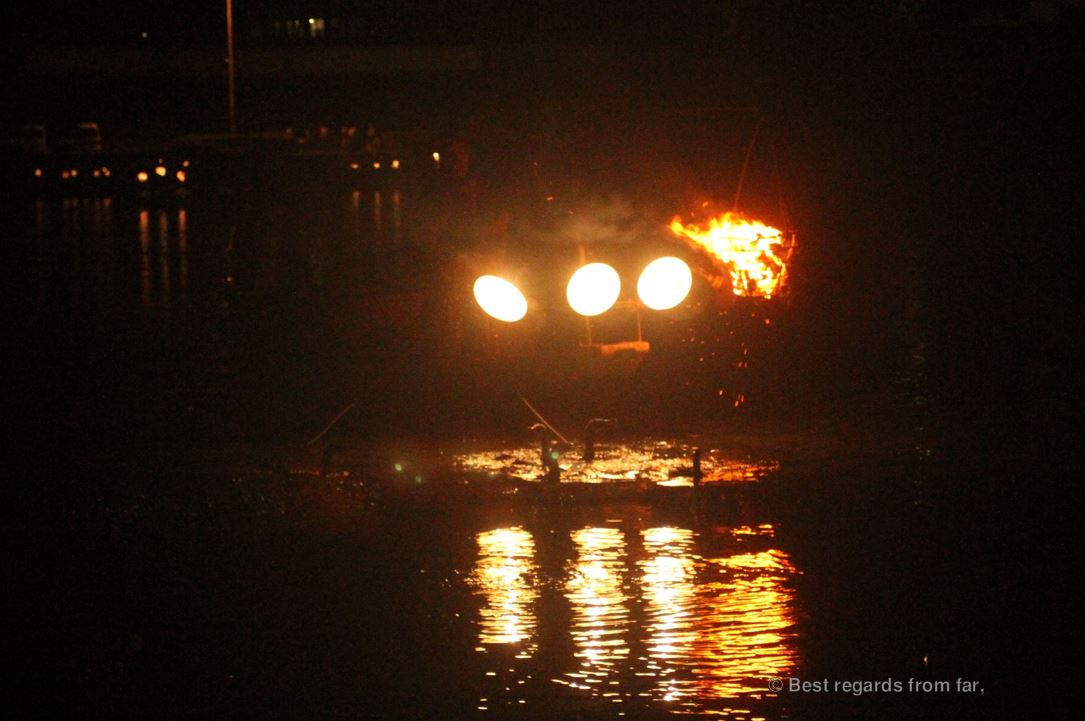 Ancient tradition of cormorants fishing (ukai) in Japan: cormorants are fishing by night.