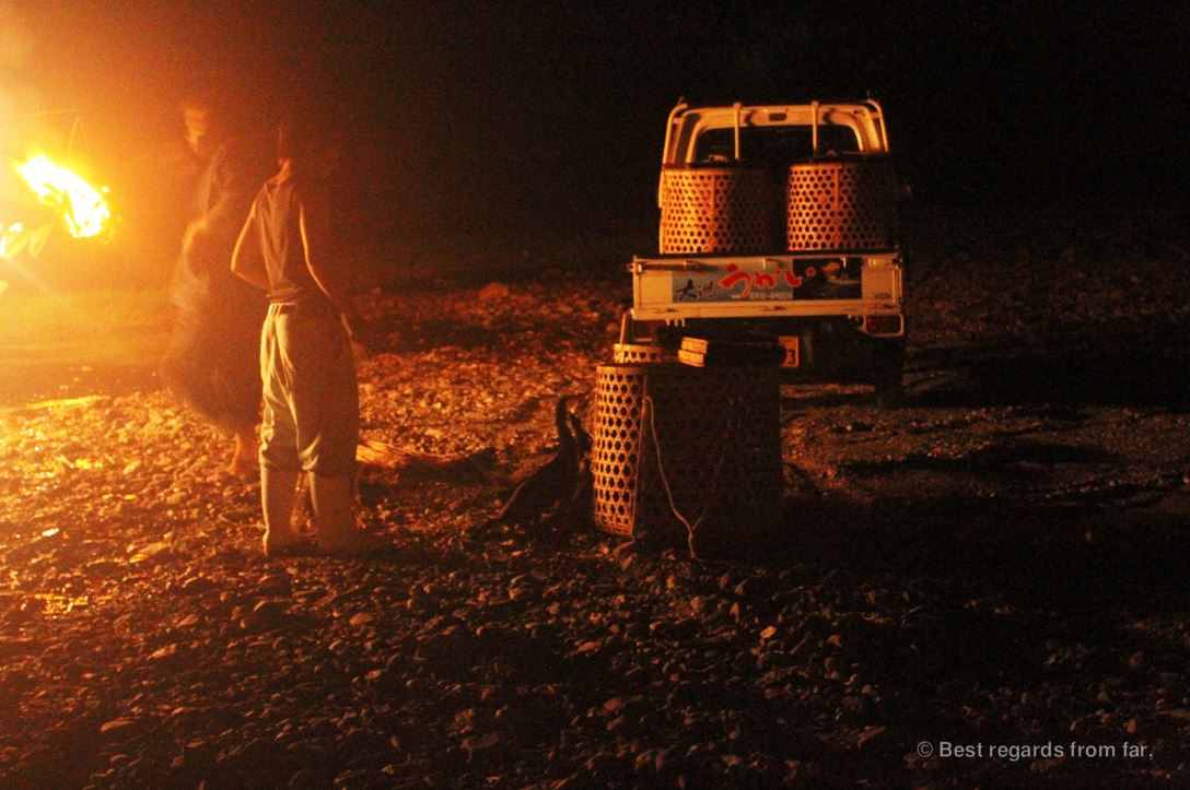 Ancient tradition of cormorants fishing (ukai) in Japan: fishermen and cormorants by night.