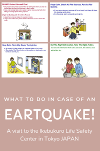 White text with pictograms about what to do in case of an earthquake.