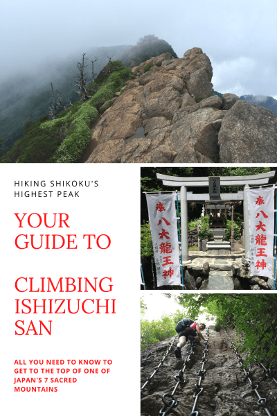 Rocky summit of the sacred Ishizuchi san in Shikoku in the clouds. A hiker climbs the chains.