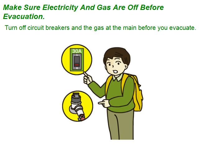 Life safety learning center in Tokyo: what to do after an earthquake. Step 10: Turn off power.
