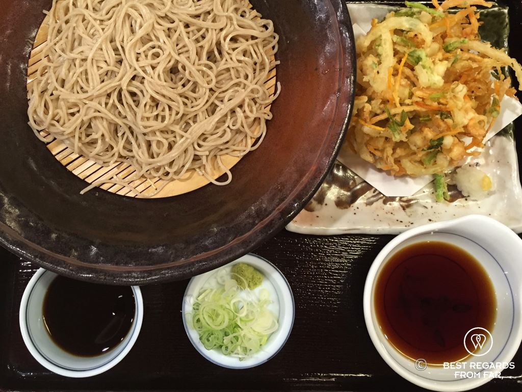 Zaru soba, served cold with a cold broth and tempura as a side - Japan