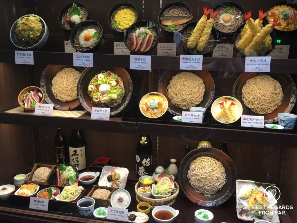 Wide variety of soba noodles displayed in Japan