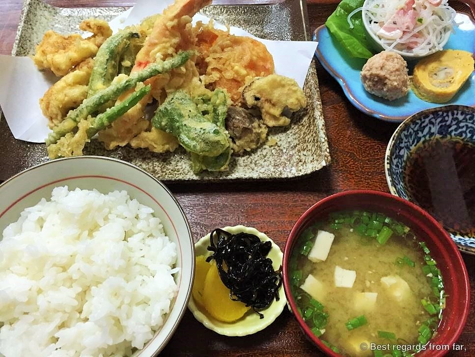 Tempura vegetables with its side dishes including rice and miso soup, Japan.