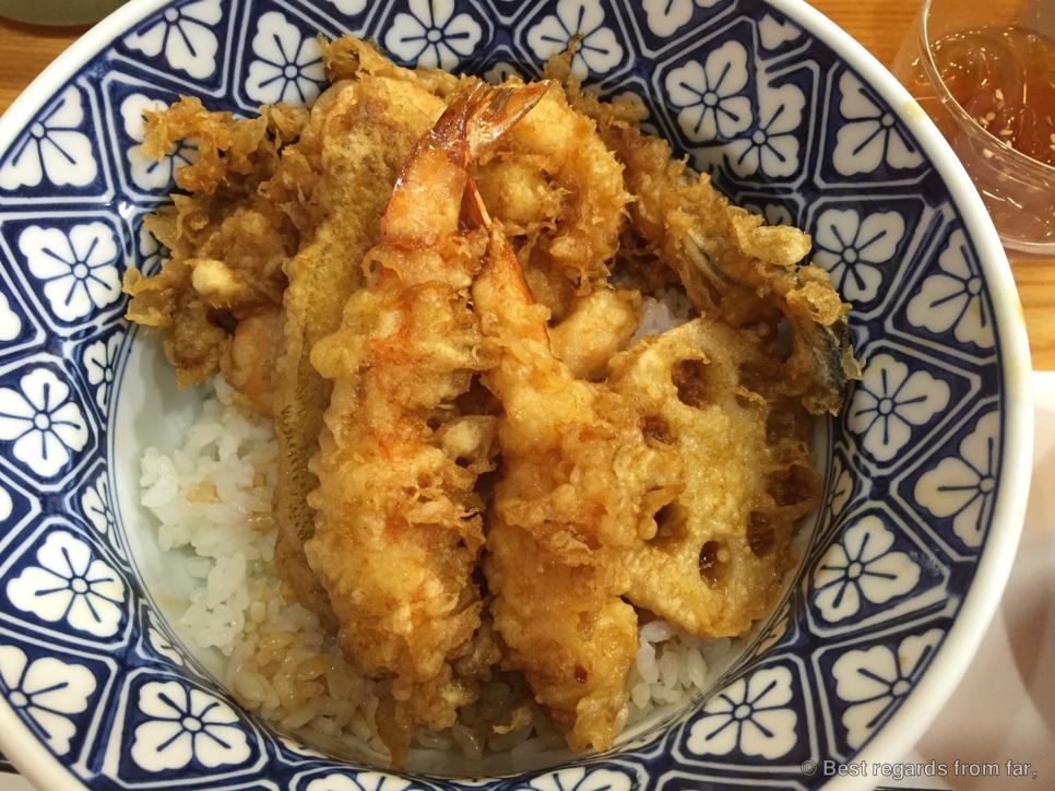 Tendon, or tempura served on a bowl of rice, Japan.