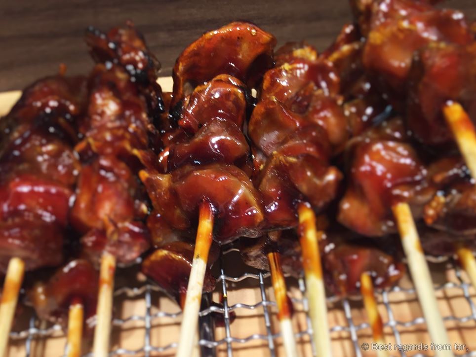 Yakitori of chicken liver (kimo: きも), Japan.