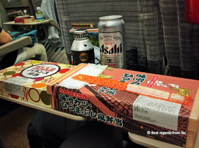 Ebiken or bento for the train in a shinkansen in Japan. Having the bento in the train is very traditional in Japan.