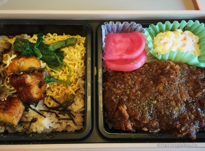 A hearty bento: this ebiken is to be eaten in the sinkansen train, Japan.