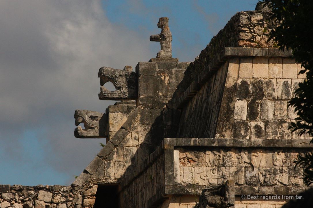 The Temple of the Warriors in Chichén Itza, represented by many carved jaguars and eagles.