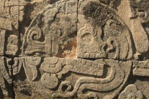 Bas-relief of the skull of the beheaded winner. Detail of the Great Ball Court in Chichén Itza.