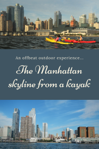 Manhattan skyline from a kayak - Pinterest Pin - NYC - USA