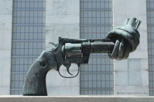 One of the original Non-Violence bronze sculpture by the Swede Carl Fredrik Reuterswärd, United Nations headquarter, New York City.