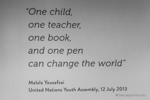 Malala Yousafzai quote: "one chid, one teacher, one book". United Nations headquarter, New York City.