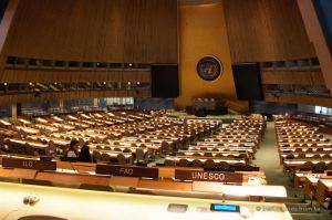 The General Assembly Chamber, United Nations headquarter, New York City.