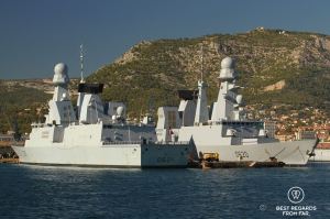 Stealth frigates of the French fleet in the military harbour of Toulon, France.