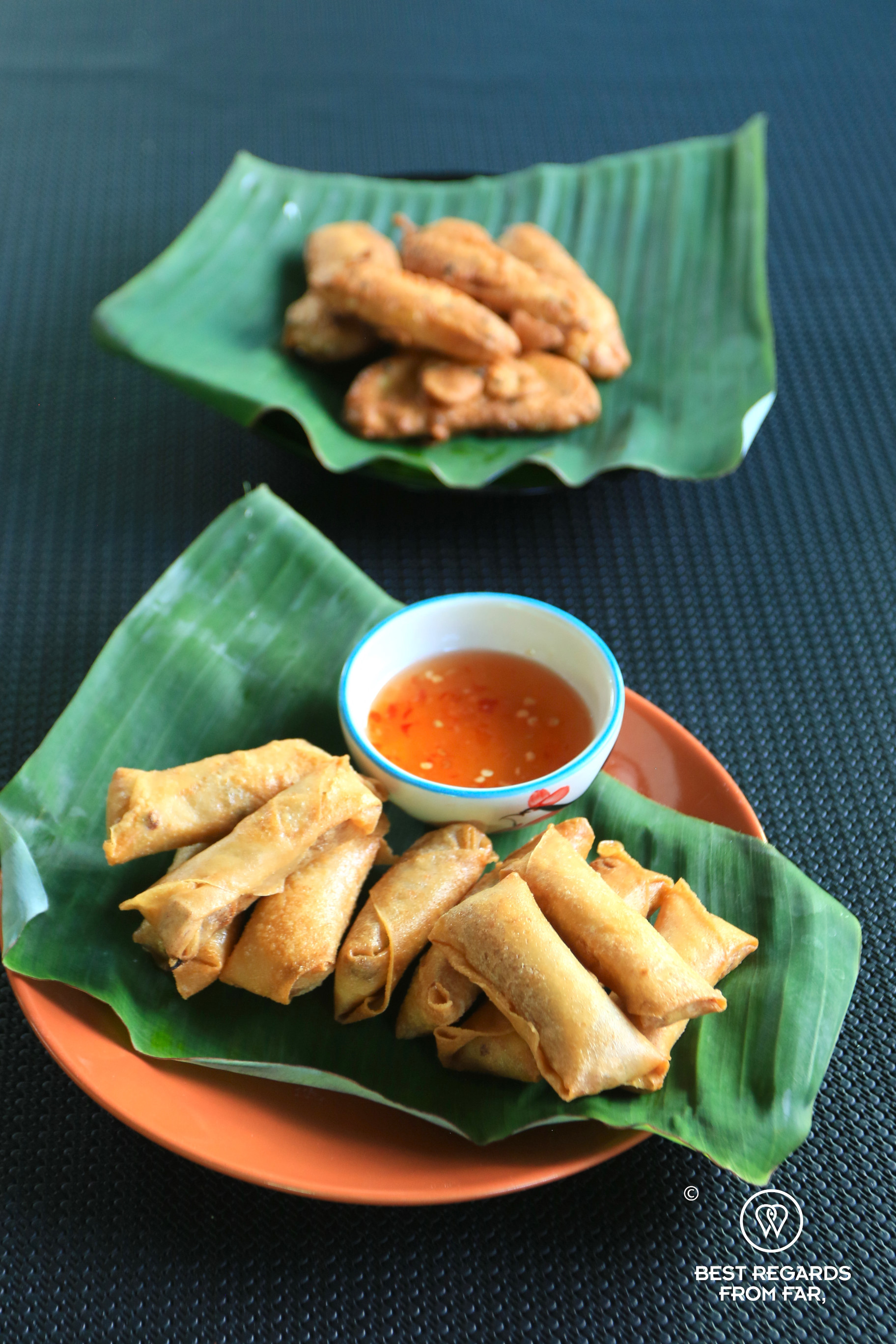 Fried spring rolls and fried bananas, Thai cooking class