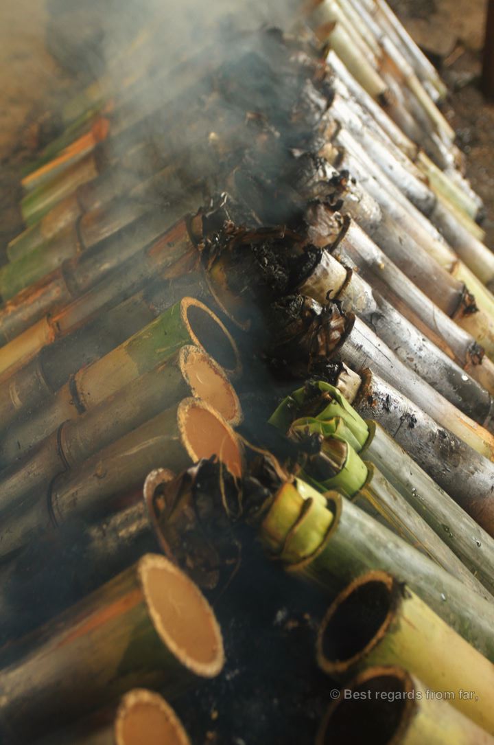 Close-up of bamboo filled with sticky rice being cooked.