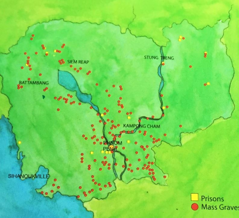 Map of Cambodia showing where prisons and mass graves were located.