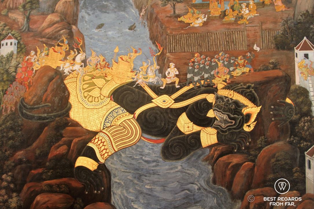 Details of a mural in the Grand Palace of Bangkok where soldiers use a demon bridge to cross a river.