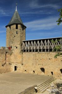 Medieval tower in the castle of Comtal, Carcassonne on a sunny day without people.