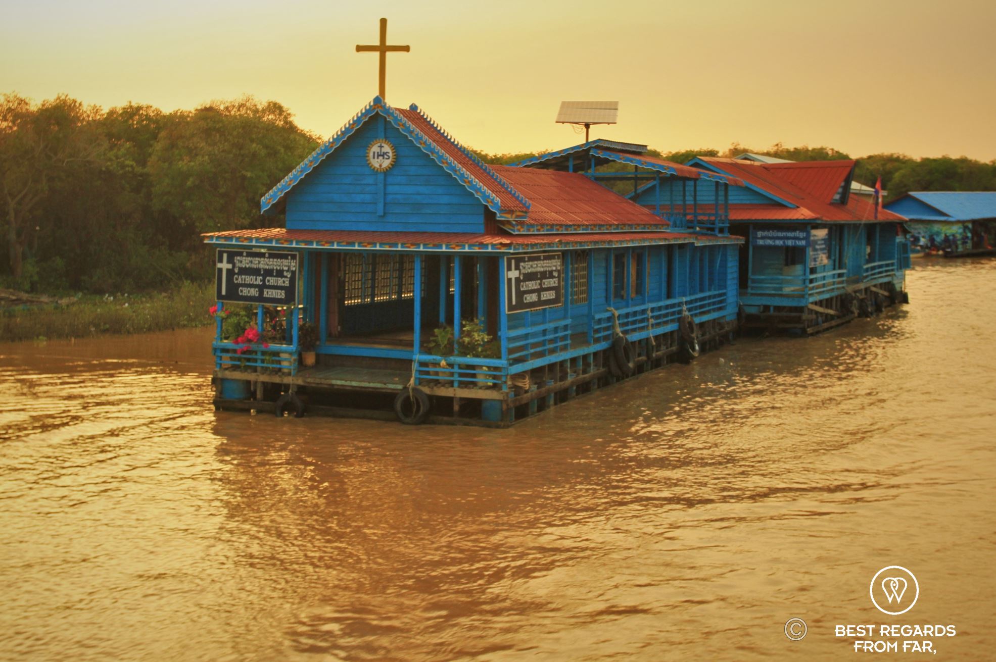 Floating wooden church bathed in sunset light.