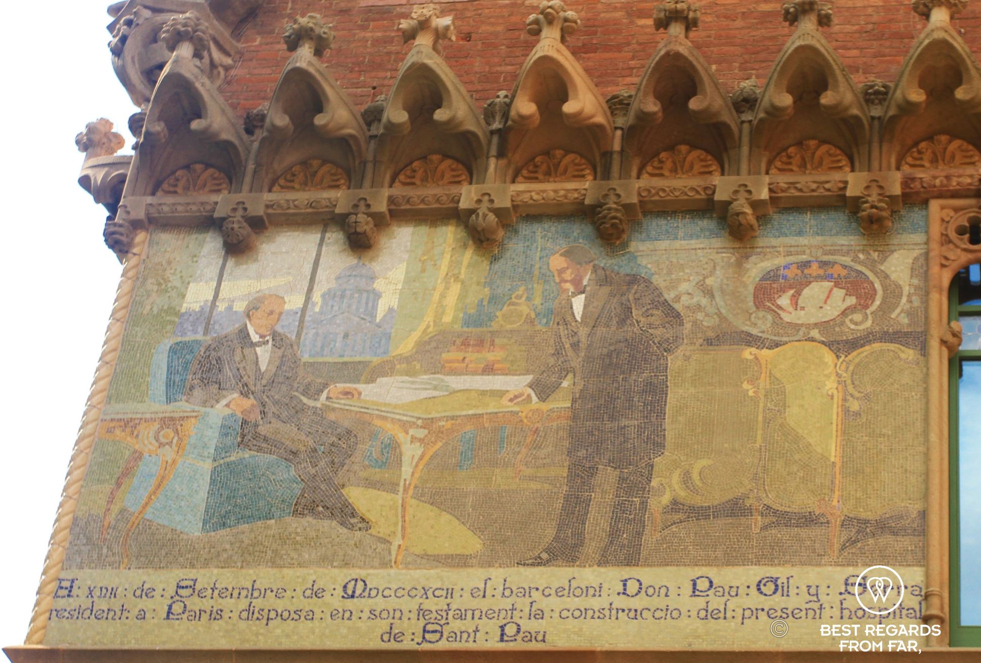 Depiction of Pau Gil in Paris funding the construction of the Sant Pau hospital, Barcelona.