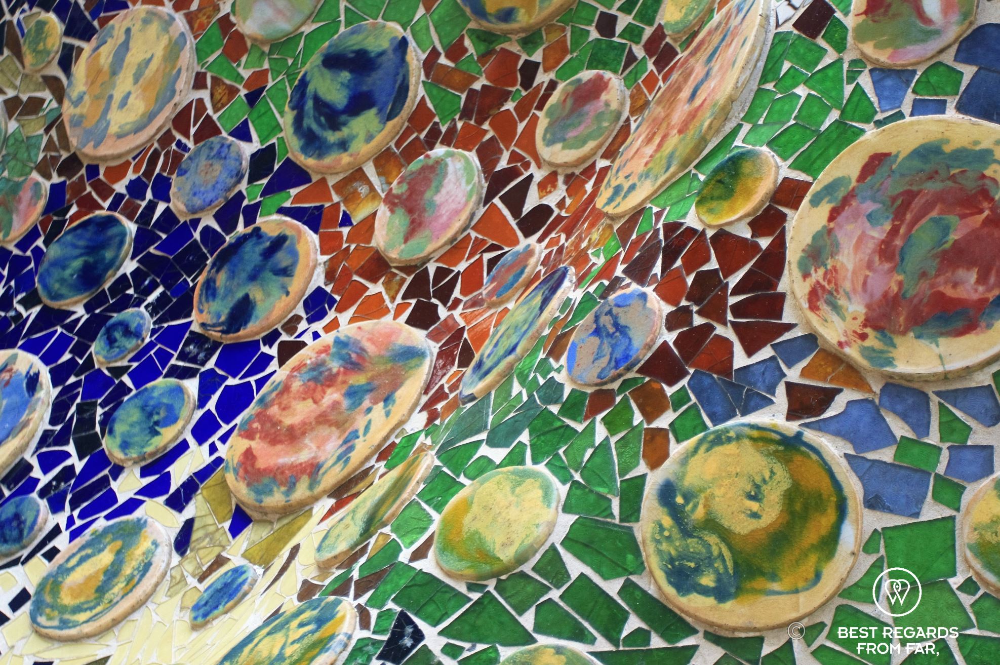 Colorful details of trencadís at Casa Batlló, Barcelona.
