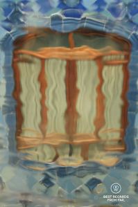 The marine world of Casa Batlló, Barcelona reflected through a glass to get a wavy photograph.