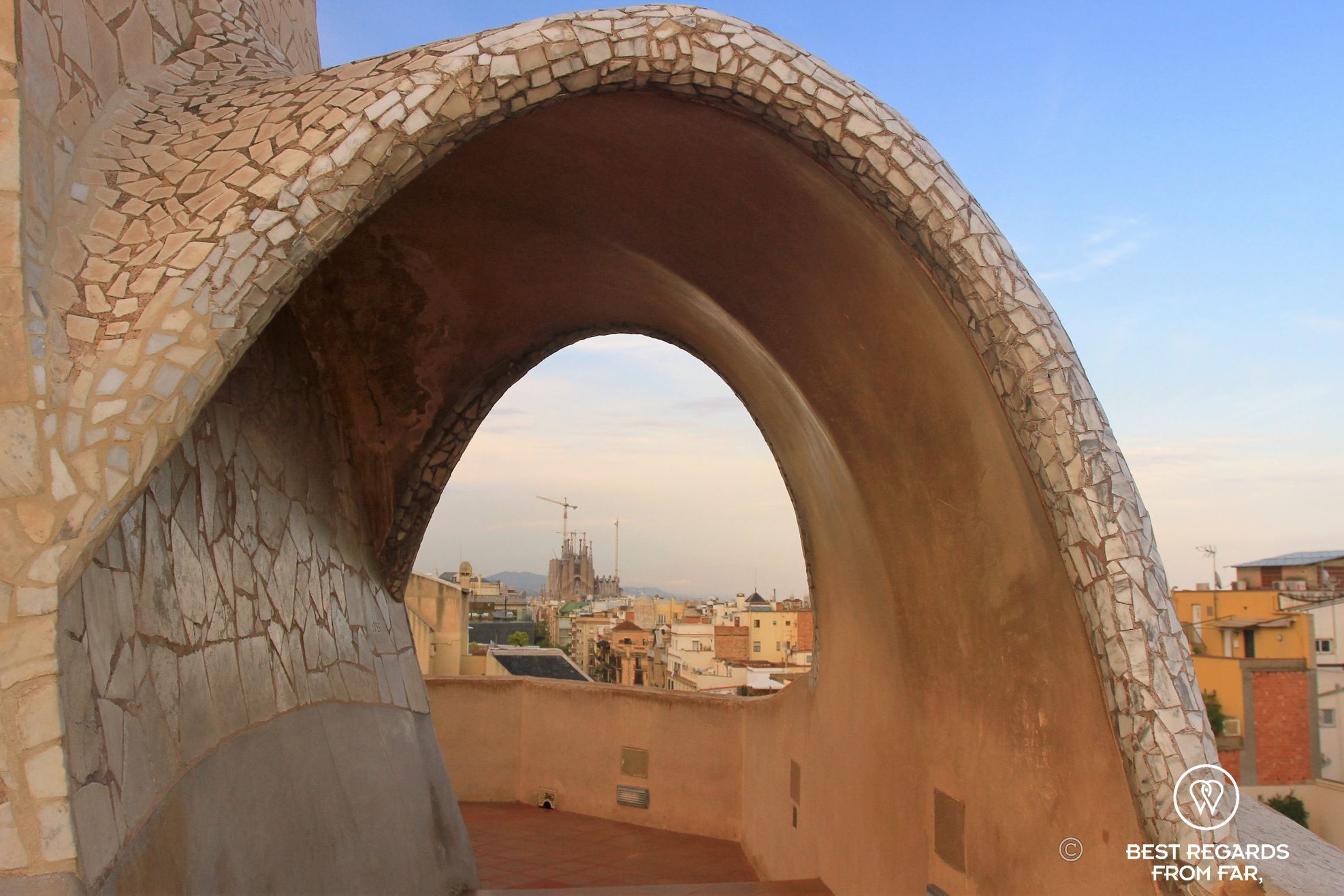 La Sagrada Familia seen from the rooftop of La Pedrera in Barcelona.