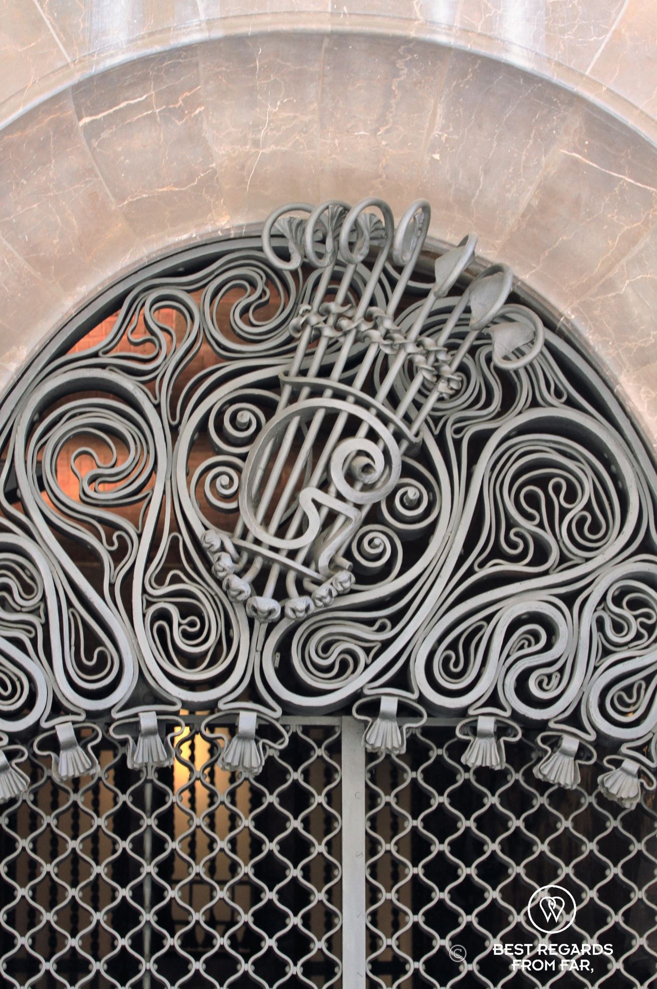 The wrought iron G for Güell at the entrance of the Palau Güell, Barcelona.