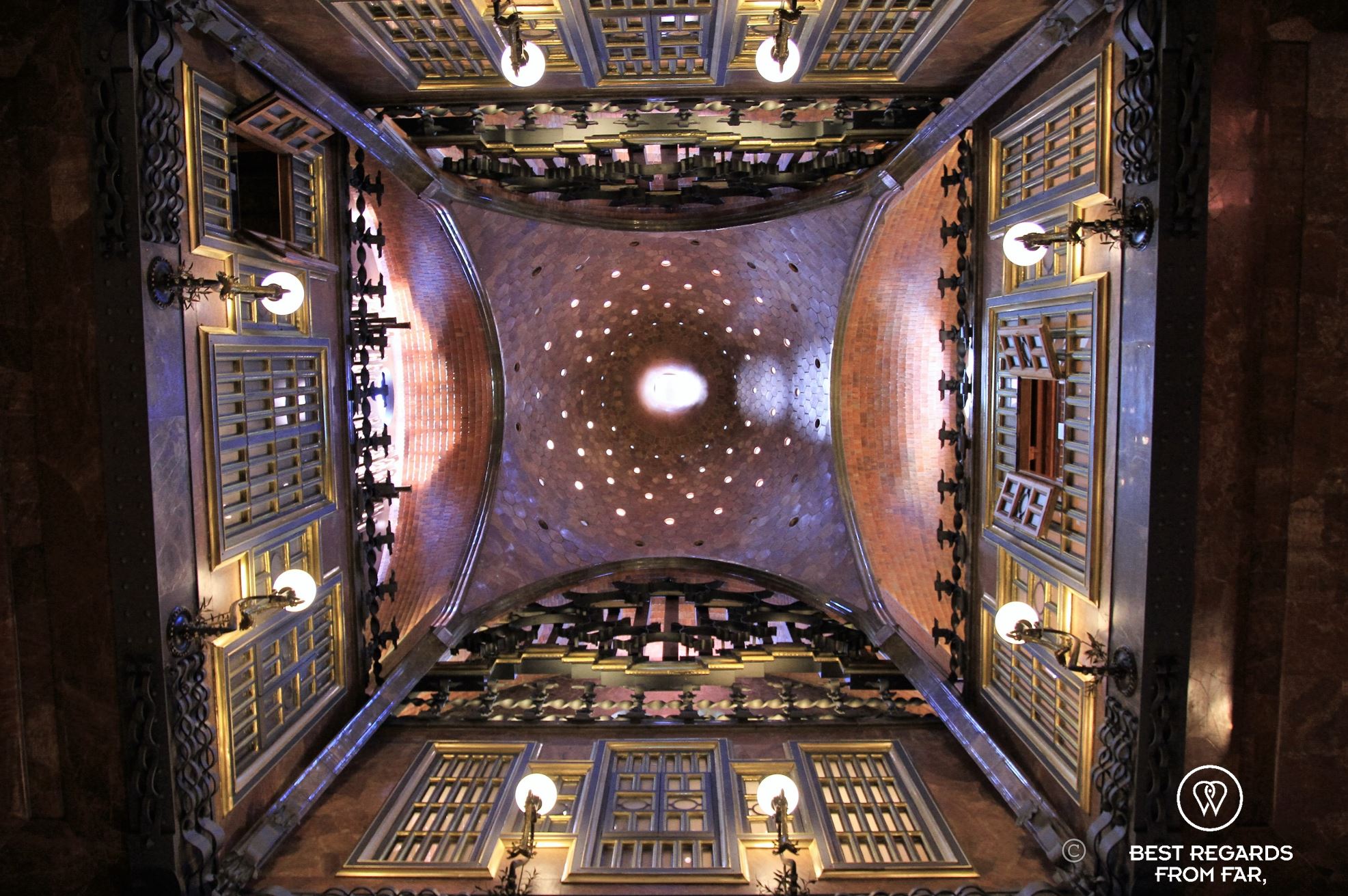 Looking up in the vestibule at Palau Güell.