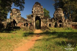 The main entrance of an ancient temple complex in the jungle of Cambodia.