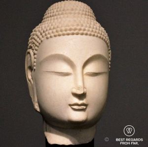 Statue of a white Buddha head, Northern China, 530-580, Louvre Abu Dhabi, UAE.