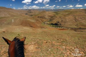 Photo taken from the horseback with the head of the horse as the foreground, and the mountains of Lesotho and the Orange River in the background.