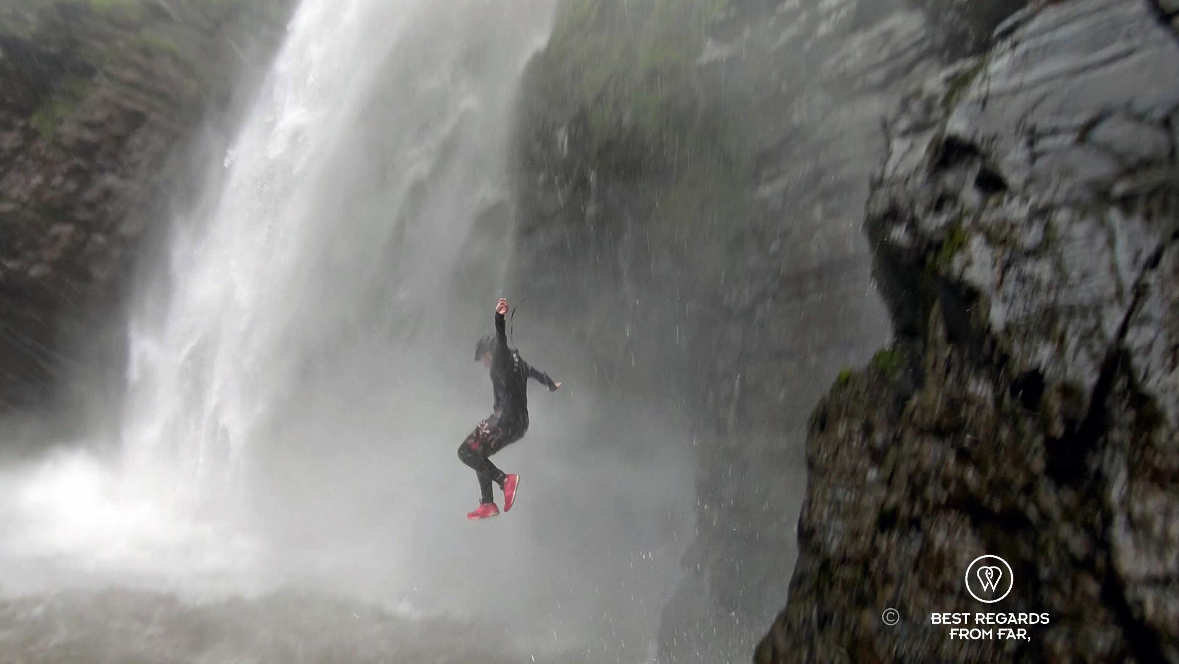 Photographer Claire Lessiau jumping into the Mac Mac falls in Sabie by the Blyde River Canyon, South Africa