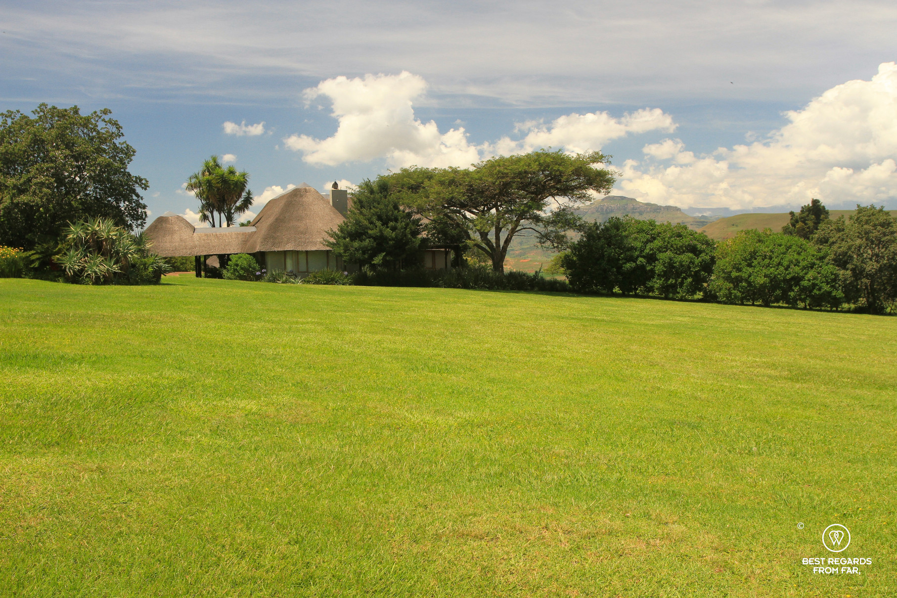 The thatched roofs of the Montusi Mountain Lodge, Drakensberg