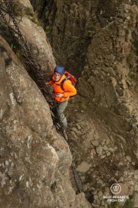 Author Marcella van Alphen on the daunting chain ladder leading to the Tugela Falls, Drakensberg, South Africa