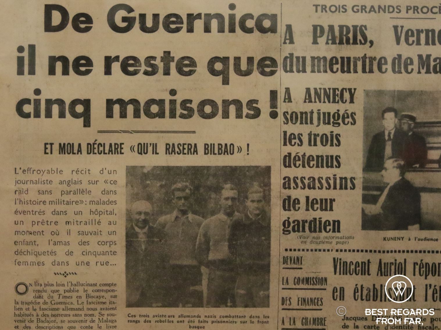 French newspaper heading that informed Picasso about the Gernika bombings.