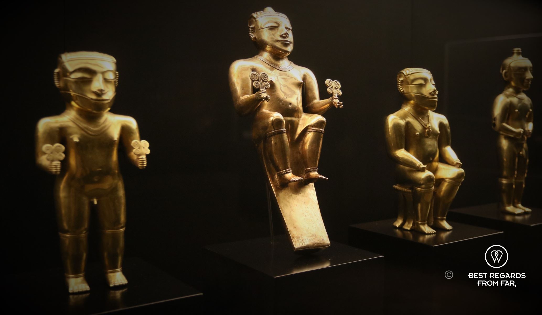 Quimbaya chiefs in gold figurines from Colombia at the Museo de las Americas in Madrid.