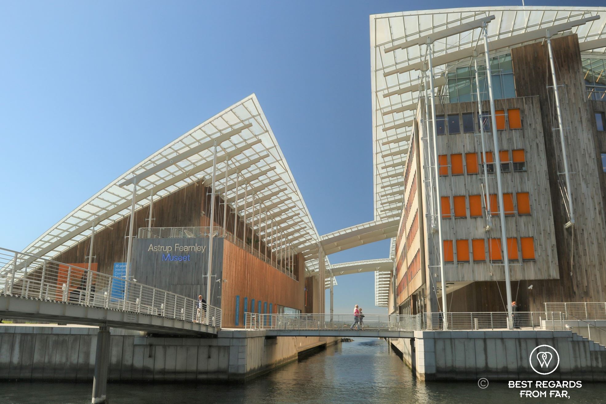 Modern building over water with orange shades. Astrup Fearnley Museum of Modern Art, Oslo