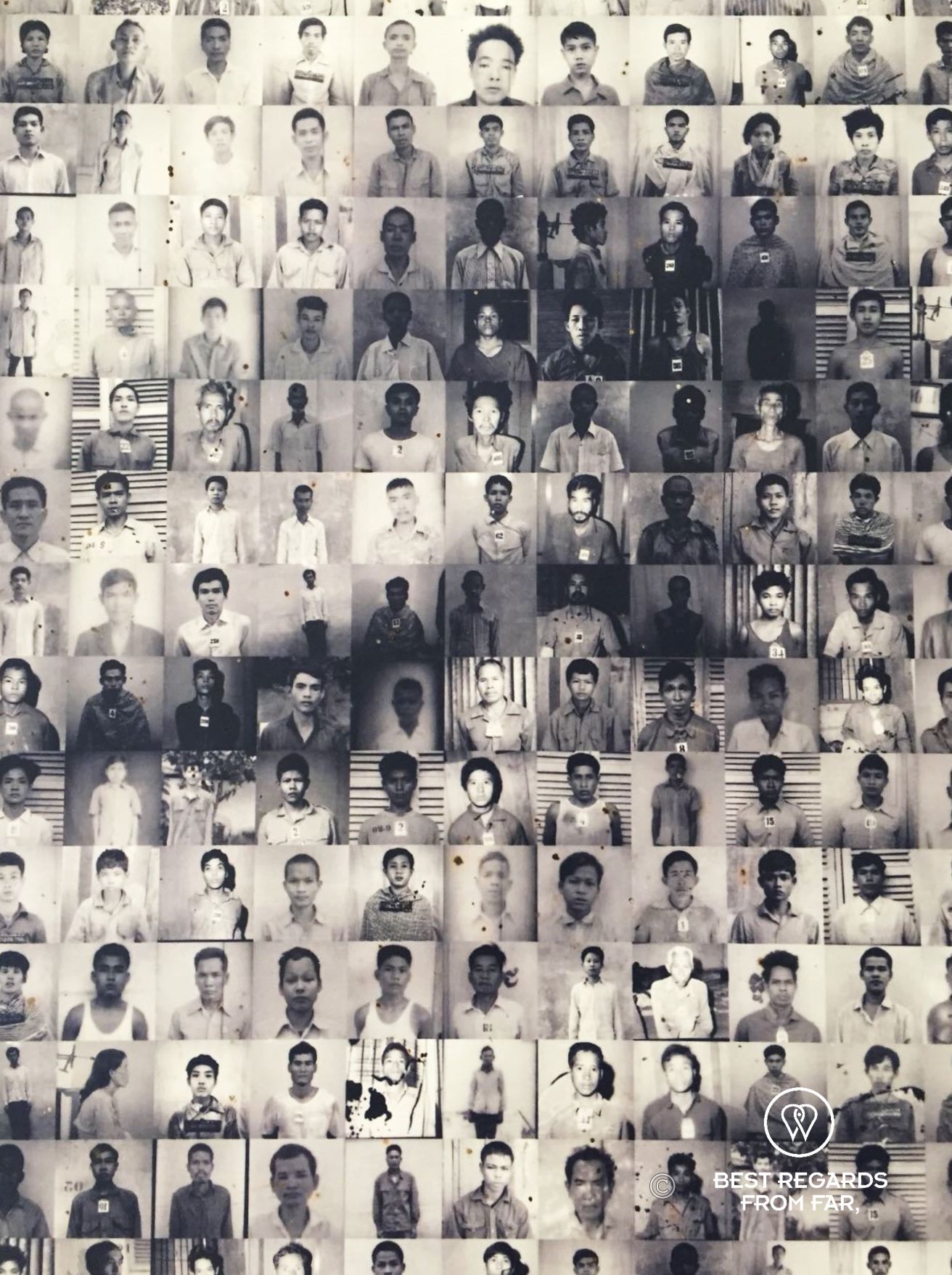 Close-up of a portrait revealing the art is made of thousands of portraits of prisoners.