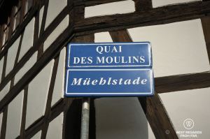 Street sign with bilingual street names in Strasbourg, France