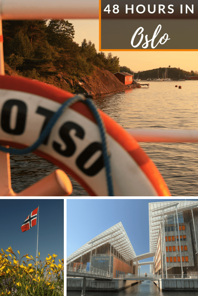 48 hours in Oslo, a Norwegian flag, yellow flowers, blue skies and a modern building.