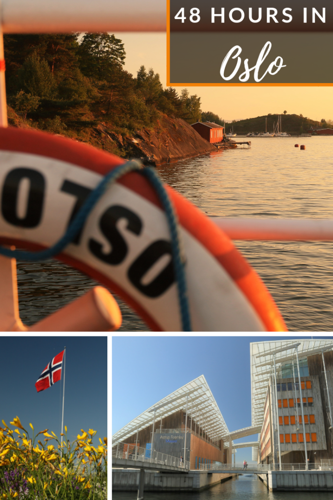 48 hours in Oslo, a Norwegian flag, yellow flowers, blue skies and a modern building.