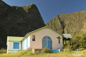 The church of Ilet des Orangers in Mafate amphitheater among the mountains of Réunion Island during an exclusive multiday hike through the 3 cirques.