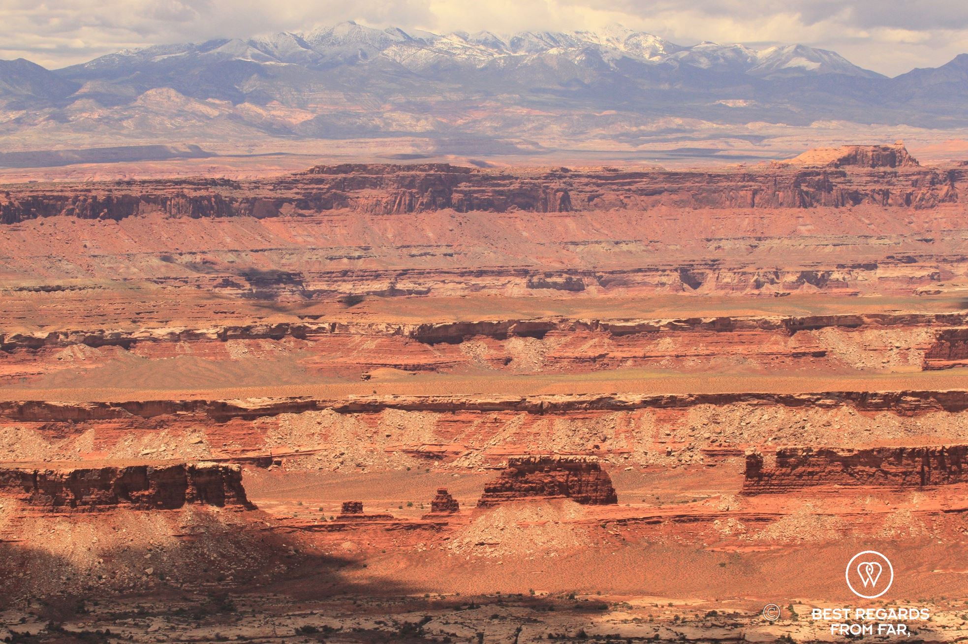Aerial view of Canyonlands National Park with snowy mountians in the background, Utah, USA.