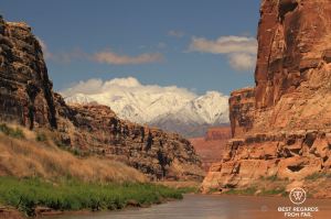 Rafting Cataract Canyon with the red rocks along the banks and the snowy mountains in the background, Western River Expeditions, Colorado River, Utah, USA.